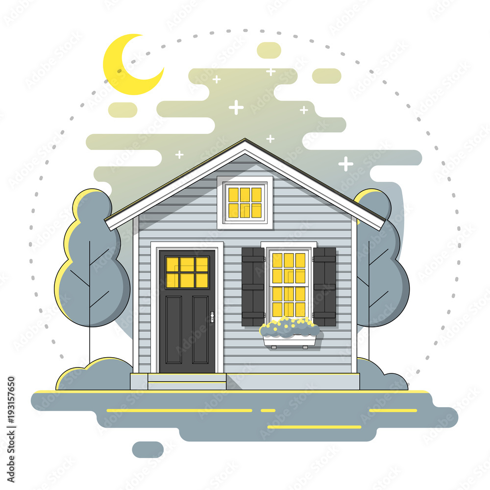 Small house and beautiful rural landscape night scene background in ...