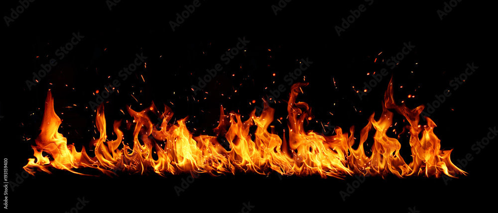 Blazing flames over black background - obrazy, fototapety, plakaty 