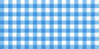 Vector gingham striped checkered blanket tablecloth. Seamless white blue table cloth napkin pattern background with natural textile texture. Country fabric material for breakfast or dinner picnic