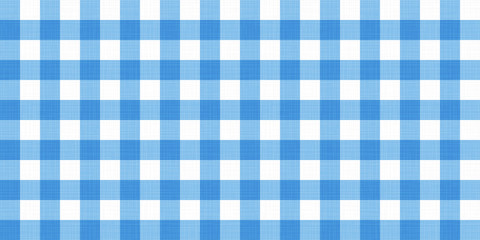 Vector gingham striped checkered blanket tablecloth. Seamless white blue table cloth napkin pattern background with natural textile texture. Country fabric material for breakfast or dinner picnic