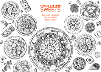 Oriental sweets vector illustration. Middle eastern food, hand drawn sketch. Linear graphic. Food menu background.