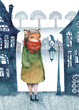Strange fox walking in a mysterious town with crooked houses, lonely lanterns and broccoli trees. Watercolor illustration.