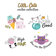 T shirt prints design for girls. Vector illustrations with funny doodle cats and quotes. Isolated on white.