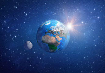 Wall Mural - planet earth, the moon and the sun in deep space.
