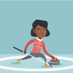 Canvas Print - African-american sportswoman playing curling on a skating rink with stone and broom. Young curling player sliding on the ice and delivering a stone. Vector cartoon illustration. Square layout.