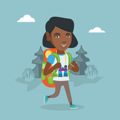 Sticker - Young african-american backpacker with a backpack and binoculars walking outdoors. Cheerful backpacker hiking in the forest during summer trip. Vector cartoon illustration. Square layout.