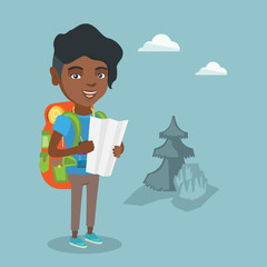 Canvas Print - Young african-american traveler woman with backpack and binoculars looking at map. Full length of smiling traveler woman searching right direction on a map. Vector cartoon illustration. Square layout.