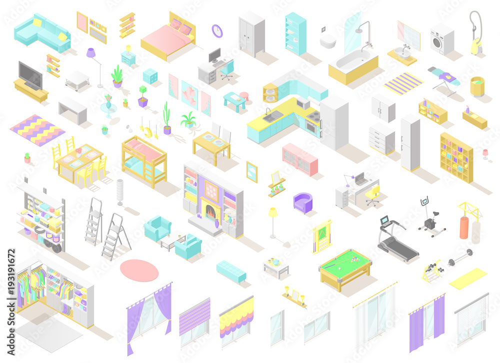 Vector big set of low poly isometric furniture and decoration for home ...