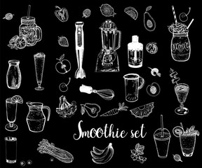 Wall Mural - Set of hand drawn sketch style smoothie with fruits, vegetables and kitchenware. Isolated vector illustration.