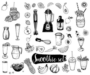 Wall Mural - Set of hand drawn sketch style smoothie with fruits, vegetables and kitchenware. Isolated vector illustration.