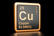 Copper Cu chemical element. 3D rendering