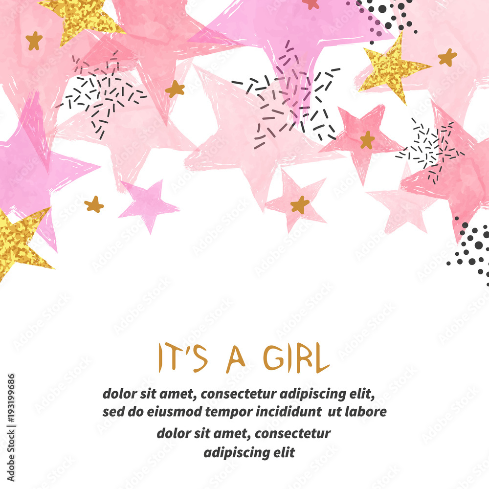 Baby Shower girl card design with abstract watercolor pink and ...
