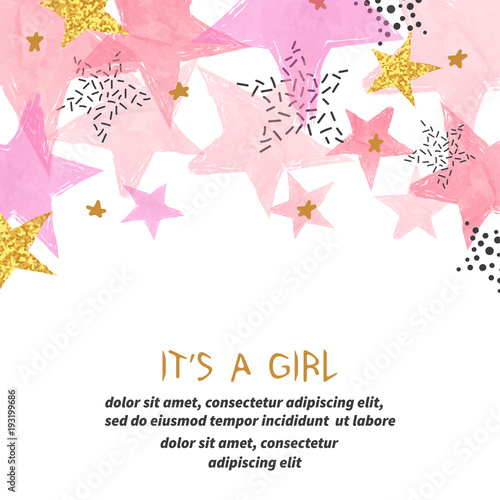 Baby Shower girl card design with abstract watercolor pink and glittering gol...