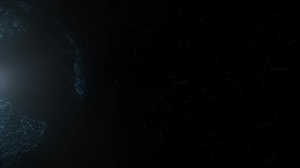 Wall Mural - Shiny Earth with motion lines and dots rotating on the left side of the screen. Growing global network on abstract black background. 