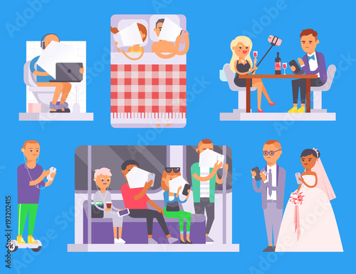 People And Gadgets Concept Busy Business Person Smart Phone Social Communication Lifestyle Online Social Network Modern Life Problem Connection Using Tablet Or Laptop Computer Buy This Stock Vector And Explore Similar