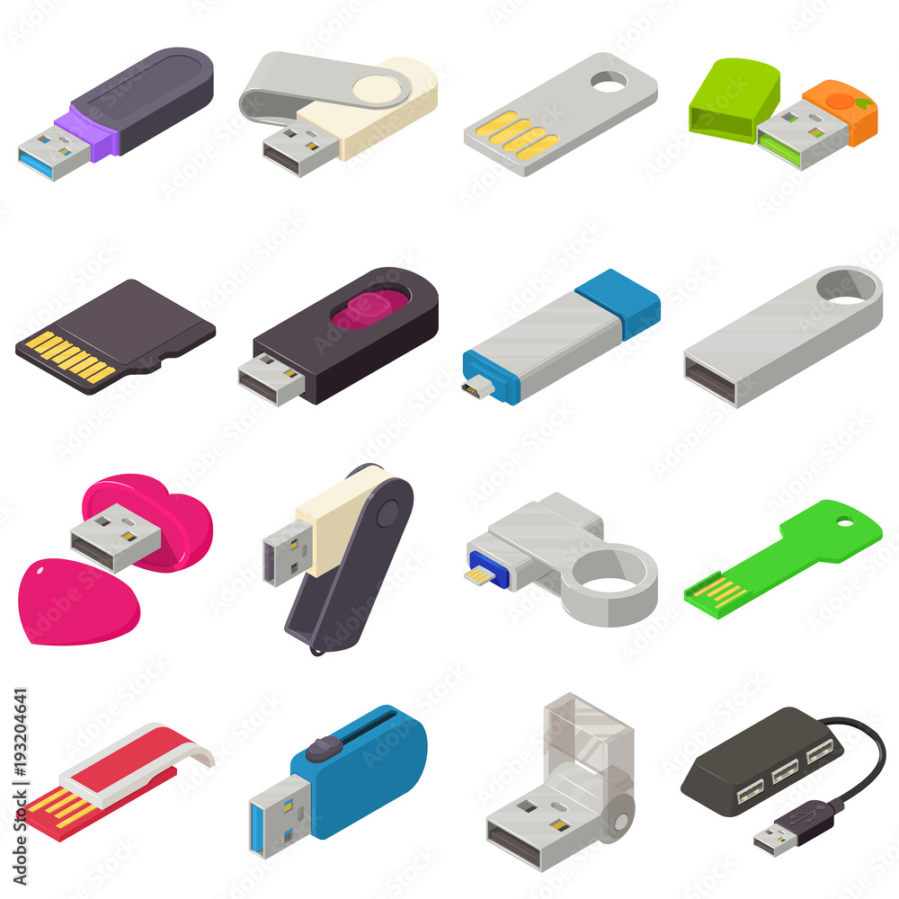 USB flash drive icons set, isometric style - obrazy, fototapety, plakaty 