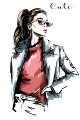 Wall Mural - Hand drawn beautiful woman portrait. Fashion woman in sunglasses. Sketch. Vector illustration.