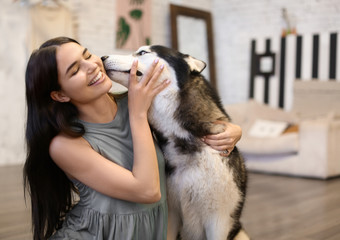 Young woman with cute Husky dog at home. Pet adoption