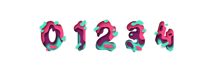 Wall Mural - paper cut number zero, one, two, three, four, figure 0, 1, 2, 3, 4. design 3d sign isolated on white