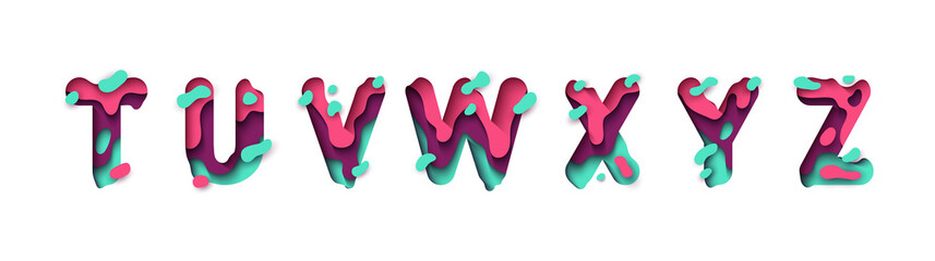 Wall Mural - paper cut letter t, u, v, w, x, y, z. design 3d sign isolated on white background. alphabet font of 