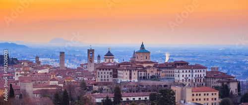 Bergamo Old Town, Lombardy, Italy, in red sunrise light Фотошпалери