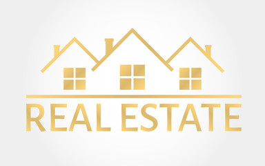 Real estate gold logo. House icon in line style. Creative logo design. Real estate agency template. Vector illustration