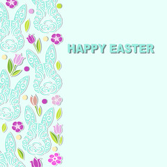 Template with Bunny head and flowers for Happy Easter Day, party invitation, greeting card, web, postcard, girl or boy birthday, baby shower, pet shop.  Vector illustration.