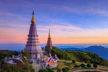 Landscape Of Two Big Pagoda On The Top Of Doi Inthanon Mountain, Chiang Mai, Thailand.