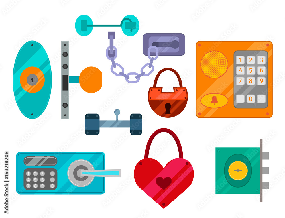 Different house door lock icons set vector safety password privacy ...