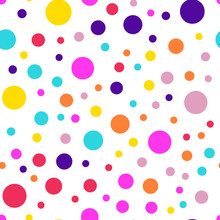 Memphis Style Polka Dots Seamless Pattern On White Background. Awesome Modern Memphis Polka Dots Creative Pattern. Bright Scattered Confetti Fall Chaotic Decor. Vector Illustration.