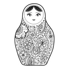 Wall Mural - Russian doll matrioshka Babushka sketch smiling face black outline isolated on white background for site, blog, coloring book, fabric. Vector