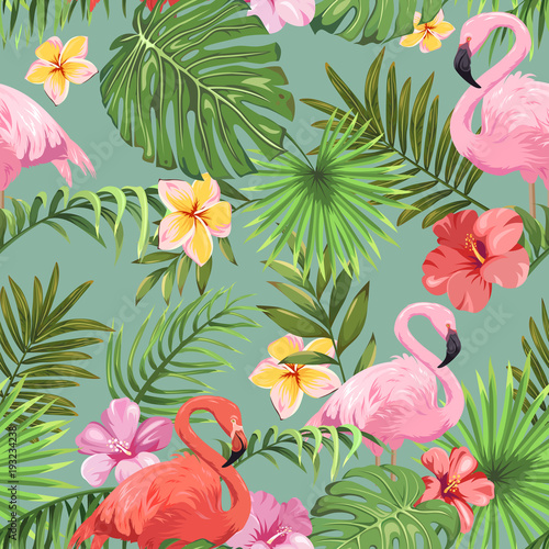 Fotomural Seamless pattern with tropical plants and colorful flamingos