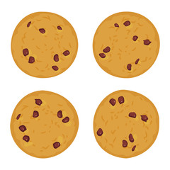 Chocolate chip cookie set, Freshly baked Four cookies isolated on white background. Bright colors. Vector