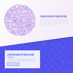 Wall Mural - conversion optimization concept in circle with thin line icons: marketing, customer management, seo 