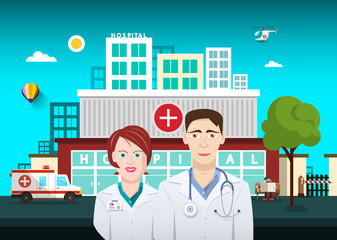 Poster - Doctors with Hospital Building on Background. Vector.