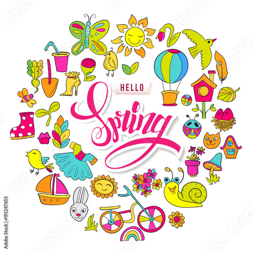 Cartoon Hand Drawn Doodle Hello Spring Frame For Banners Posters
