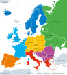 Regions of Europe, political map, with single countries and English labeling. Northern, Western, Southeastern, Eastern, Central, Southern, Southwestern Europe in different colors. Illustration. Vector