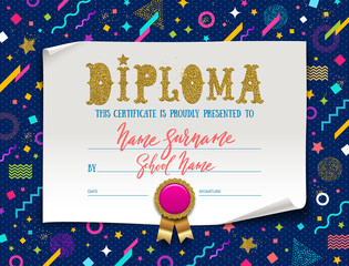 Vector template of kids diploma for kindergarten, school, preschool or playschool. Certificate type design on a abstract shape colorful background.