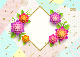 Wall Mural - Greeting card with glitter gold frame and flowers on a abstract background.