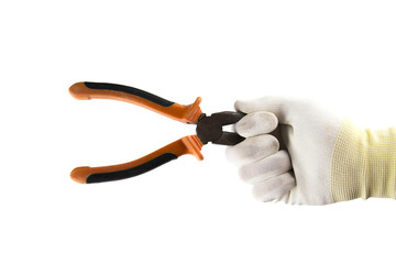 Orange and black flat-nose pliers in the hand in white glove isolated on white background 