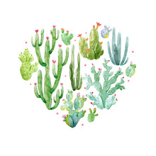 Watercolor Cactus Heart Vector Composition