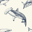 Vector seamless pattern with sharcks. Hand drawn. Vintage background. Sealife illustration
