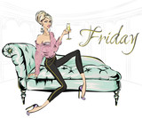Fototapeta Młodzieżowe - Fashion girl with glass of champagne sitting on sofa in living room. Friday home party, luxury fashion woman, glitter details vector illustration clipart