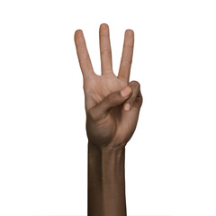 African american black hand showing thee fingers gesture isolated on white background