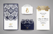 Wedding invitation or greeting card with gold floral ornament. Wedding invitation envelope for laser cutting.
