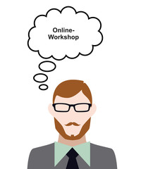 Poster - Person denkt an Online-Workshop