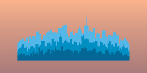 Sticker - Blue silhouettes of buildings. Vector illustration of modern city residential area. Decorative horizontal contour town landscape