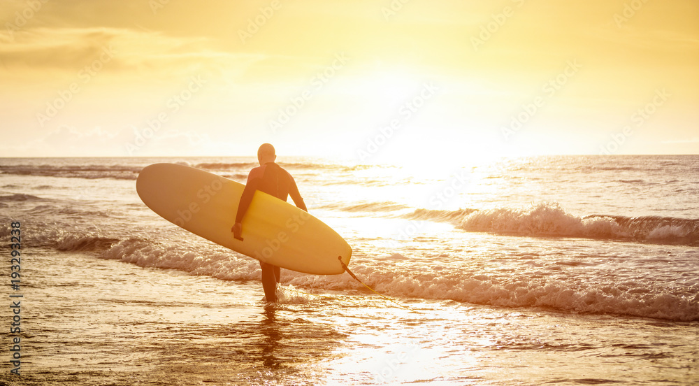 Guy surfer walking with surfboard at sunset in Tenerife - Surf long board training practitioner in action - Sport travel concept with sof focus water near feet - Warm sunshine color foltered tones - obrazy, fototapety, plakaty 