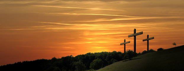 religious representation with three crosses and nature landscape background