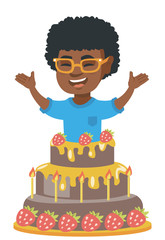 Canvas Print - Little african-american boy jumping out of a large cake. Full length of cheerful smiling boy standing with raised hands in the cake. Vector sketch cartoon illustration isolated on white background